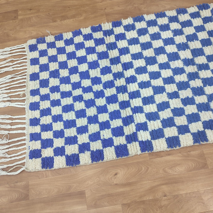   feet  moroccan berber shaggy rug, blue and white wool checkered rug, checkered rug, checkerboard rug, handmade checkered rug