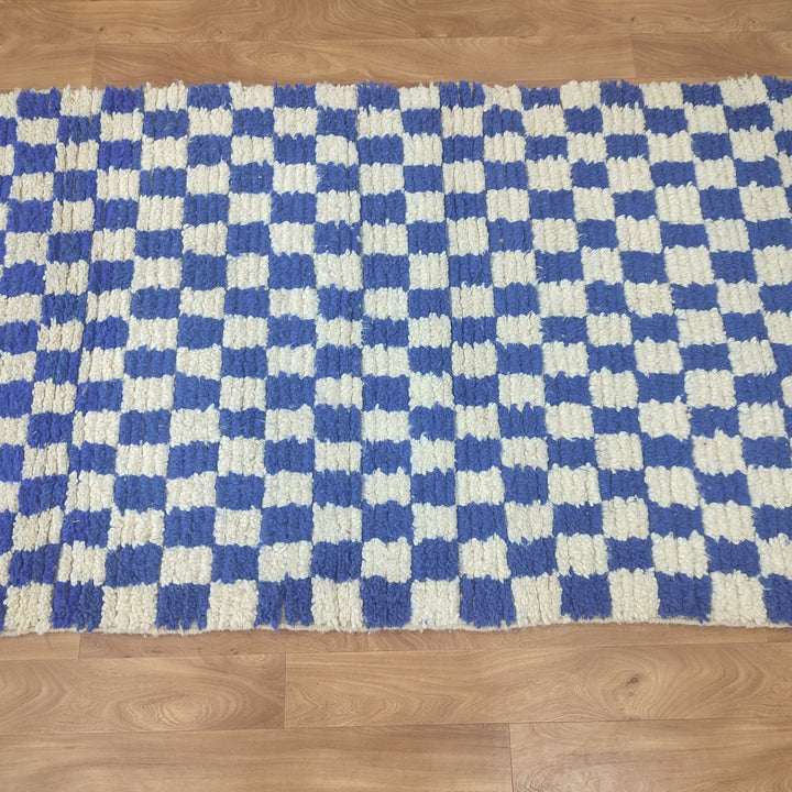   feet  moroccan berber shaggy rug, blue and white wool checkered rug, checkered rug, checkerboard rug, handmade checkered rug