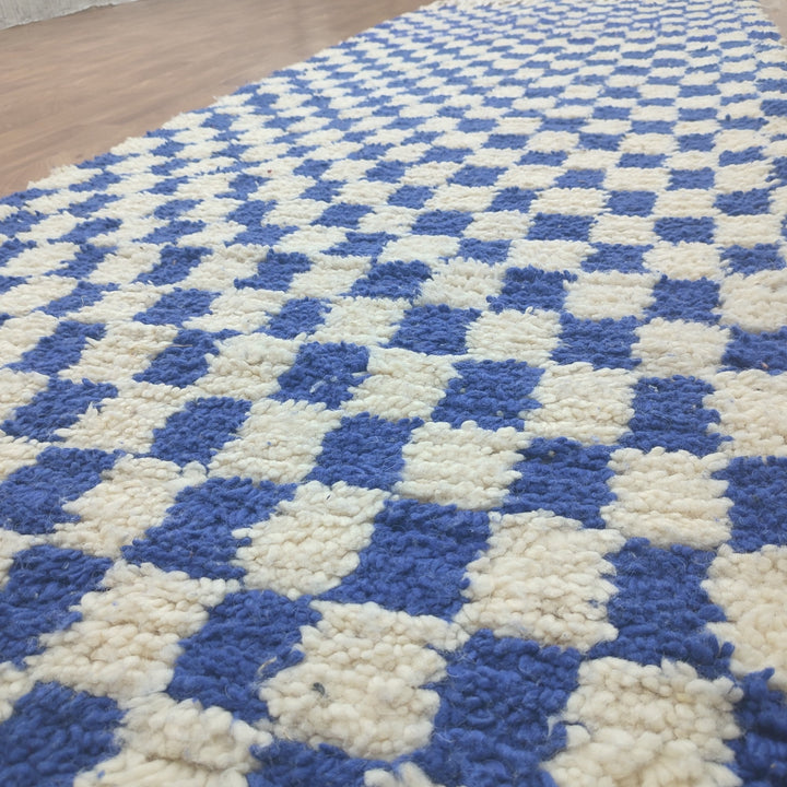   feet  moroccan berber shaggy rug, blue and white wool checkered rug, checkered rug, checkerboard rug, handmade checkered rug