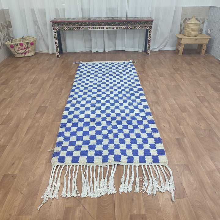   feet  moroccan berber shaggy rug, blue and white wool checkered rug, checkered rug, checkerboard rug, handmade checkered rug