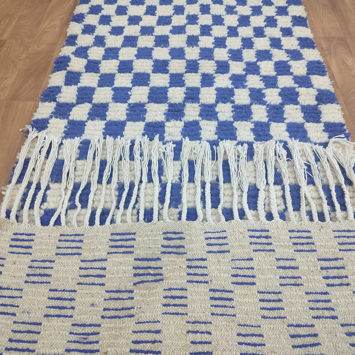   feet  moroccan berber shaggy rug, blue and white wool checkered rug, checkered rug, checkerboard rug, handmade checkered rug