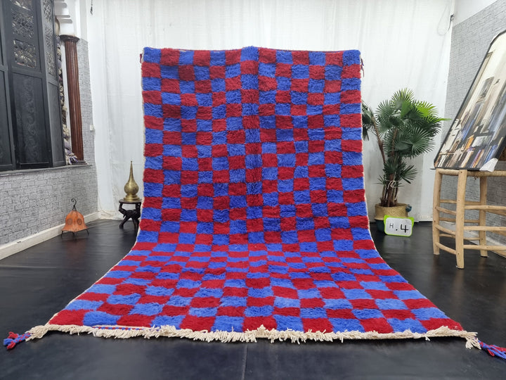 BEAUTIFUL BENIOURAIN RUG, Moroccan Handmade Rug, Vivid Red and Blue Rug, Sheep Wool Rug, Berber Rug, Bright Checker Rug,Berber Handwoven Rug