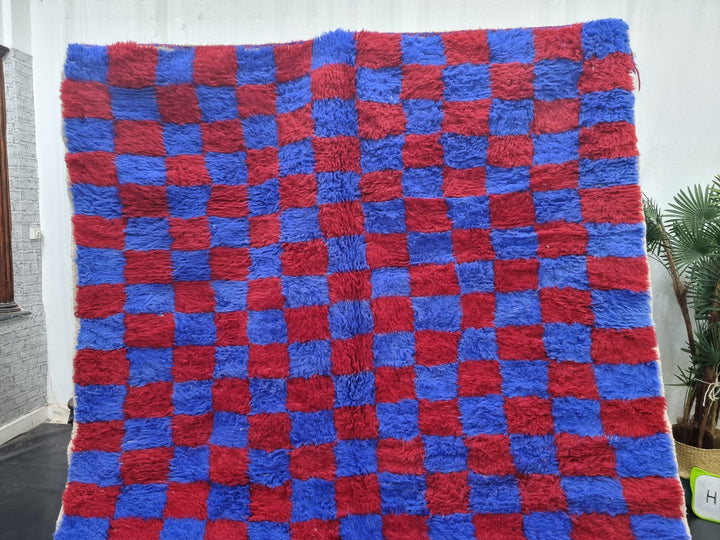 BEAUTIFUL BENIOURAIN RUG, Moroccan Handmade Rug, Vivid Red and Blue Rug, Sheep Wool Rug, Berber Rug, Bright Checker Rug,Berber Handwoven Rug