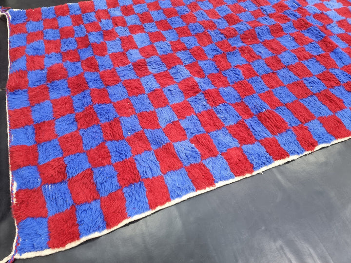 BEAUTIFUL BENIOURAIN RUG, Moroccan Handmade Rug, Vivid Red and Blue Rug, Sheep Wool Rug, Berber Rug, Bright Checker Rug,Berber Handwoven Rug