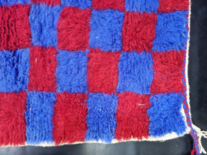 BEAUTIFUL BENIOURAIN RUG, Moroccan Handmade Rug, Vivid Red and Blue Rug, Sheep Wool Rug, Berber Rug, Bright Checker Rug,Berber Handwoven Rug