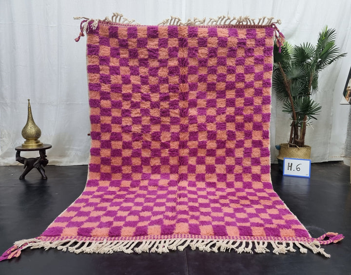 STUNNING MOROCCAN RUG ,Beni Ourain Rug , Magenta And Faded Orange Handmade WoolRug,Berber Rug, Checkered Rug, Azilal Rug, Handwoven Rug