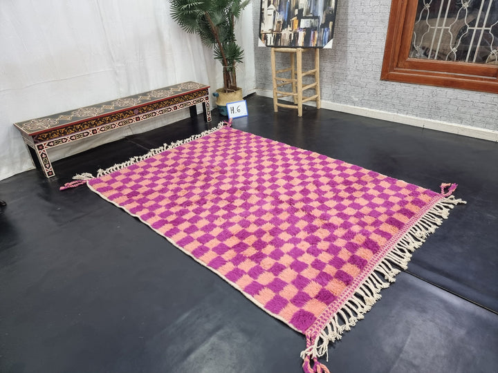 STUNNING MOROCCAN RUG ,Beni Ourain Rug , Magenta And Faded Orange Handmade WoolRug,Berber Rug, Checkered Rug, Azilal Rug, Handwoven Rug