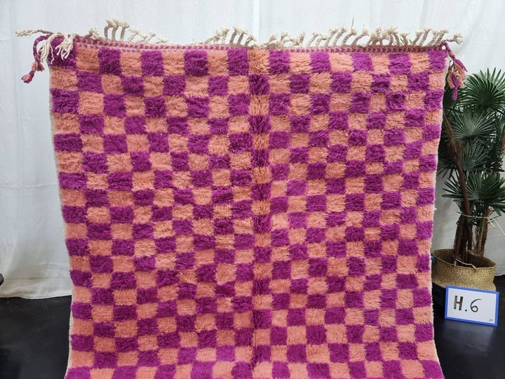 STUNNING MOROCCAN RUG ,Beni Ourain Rug , Magenta And Faded Orange Handmade WoolRug,Berber Rug, Checkered Rug, Azilal Rug, Handwoven Rug