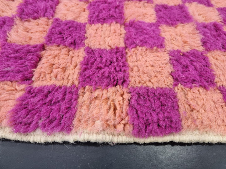 STUNNING MOROCCAN RUG ,Beni Ourain Rug , Magenta And Faded Orange Handmade WoolRug,Berber Rug, Checkered Rug, Azilal Rug, Handwoven Rug