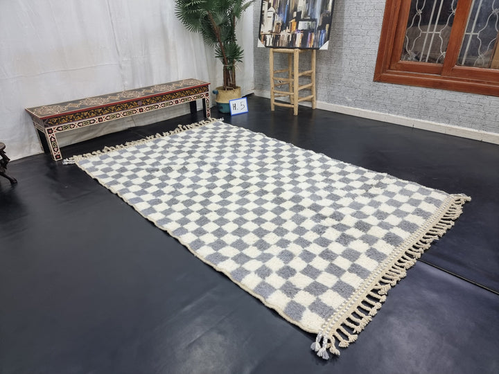 AMAZING MOROCCAN RUG ,Beni Ourain Rug , White And Gray Handmade WoolRug,Berber Rug, Checkered Rug, Azilal Berber Rug, Handwoven Carpet