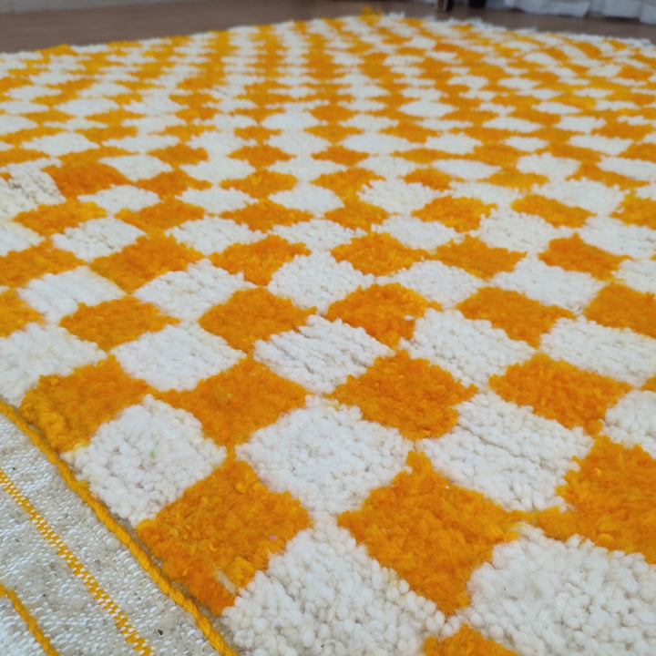 Large Diamond Orange and White Checkered Rug, Moroccan Handmade Rug, Authentic Checkered Rug, Tribal Beniourain Rug, Berber Sheep Wool Rug.