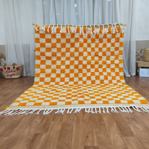 Large Diamond Orange and White Checkered Rug, Moroccan Handmade Rug, Authentic Checkered Rug, Tribal Beniourain Rug, Berber Sheep Wool Rug.