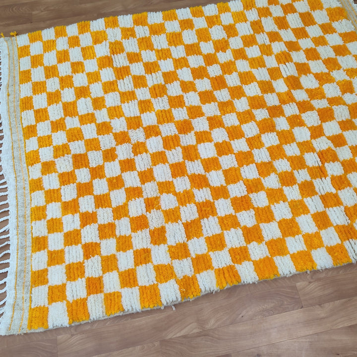 Large Diamond Orange and White Checkered Rug, Moroccan Handmade Rug, Authentic Checkered Rug, Tribal Beniourain Rug, Berber Sheep Wool Rug.