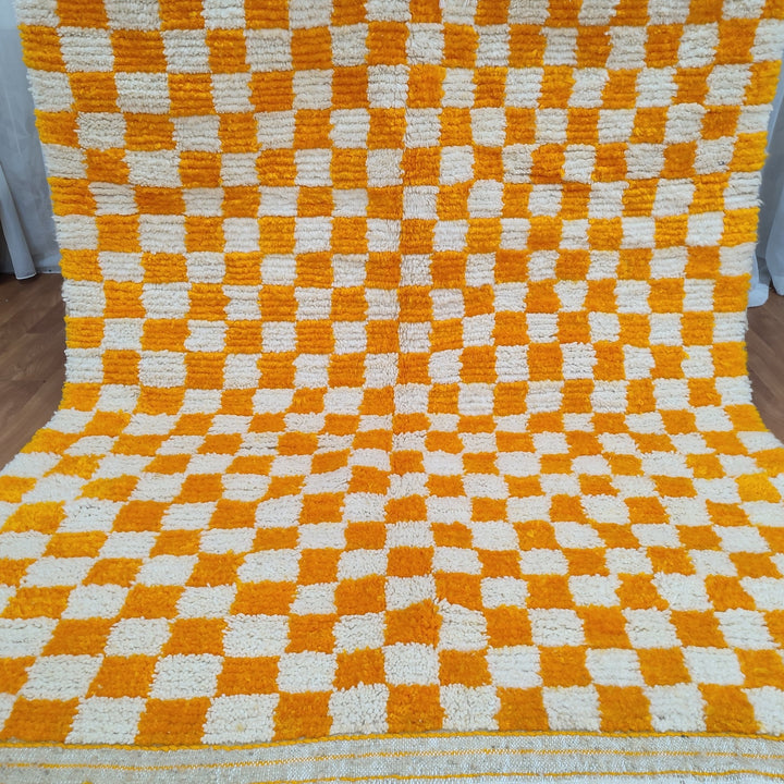 Large Diamond Orange and White Checkered Rug, Moroccan Handmade Rug, Authentic Checkered Rug, Tribal Beniourain Rug, Berber Sheep Wool Rug.