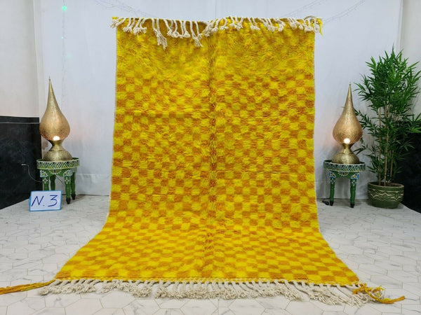 PRETTY MOROCCAN RUG, Moroccan Handmade Rug, Sheep Wool Rug, Tribal Checkered Rug, Moroccan Berber Rug, Yellow And Orange Rug, Funky Wool Rug