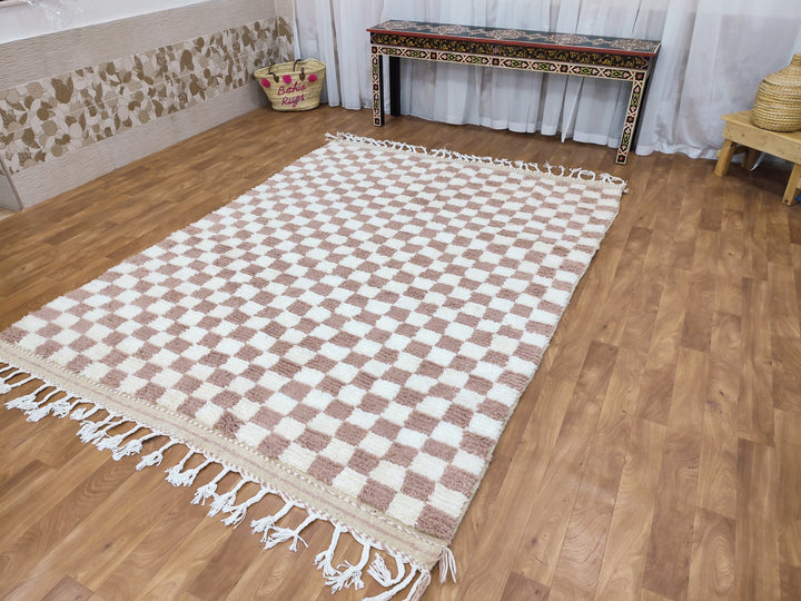 Large beige and white checkered rug, Moroccan Berber checkered rug, Checkered area rug Checkerboard Rug beniourain rug, Soft Colored Rug