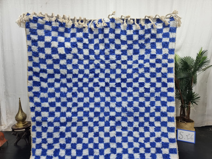 BEAUTIFUL BENIOURAIN Rug, Moroccan Rug , Blue And White Rug, Checkered Rug, Handmade Wool Rug, Azilal Rug, Handwoven Rug, Berber Wool Rug