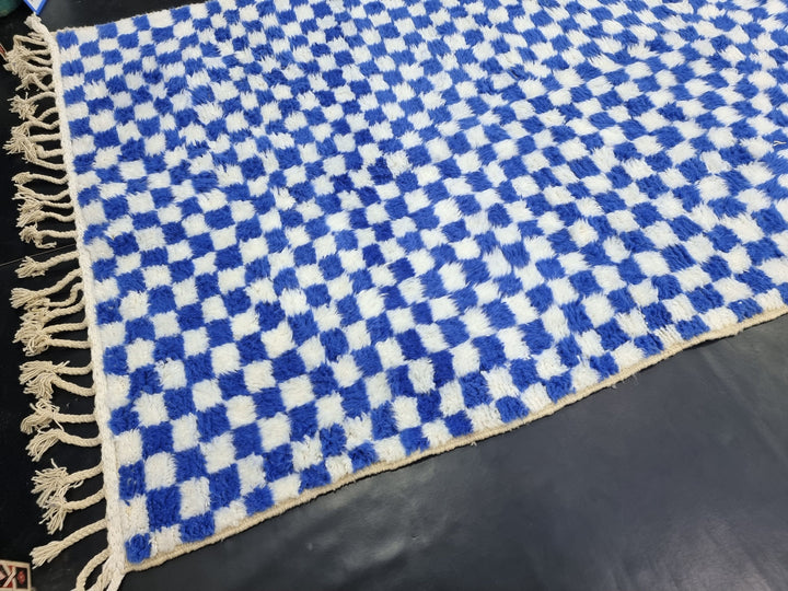 BEAUTIFUL BENIOURAIN Rug, Moroccan Rug , Blue And White Rug, Checkered Rug, Handmade Wool Rug, Azilal Rug, Handwoven Rug, Berber Wool Rug