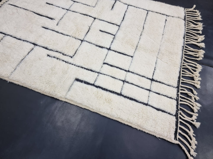 GORGEOUS BENIOURAIN RUG, Moroccan Handmade Rug , White And Black Rug, Striped Rug, Handmade Wool Carpet, Azilal Rug, Handwoven Berber Rug