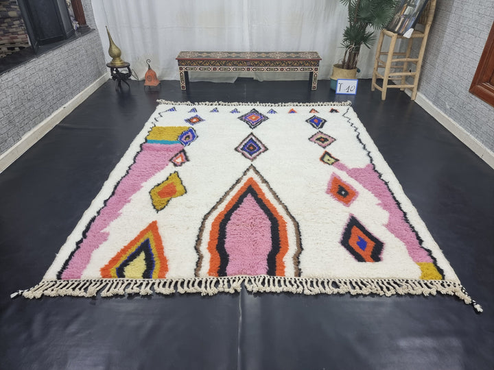 ARTISTIC BENIOURAIN RUG, Moroccan Rug, Sheep Wool Rug, , Geometric Rug, White And Pink Rug, Unique Handmade Rug,Berber Rug,Azilal Rug