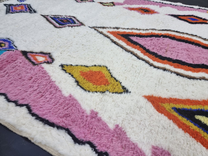 ARTISTIC BENIOURAIN RUG, Moroccan Rug, Sheep Wool Rug, , Geometric Rug, White And Pink Rug, Unique Handmade Rug,Berber Rug,Azilal Rug