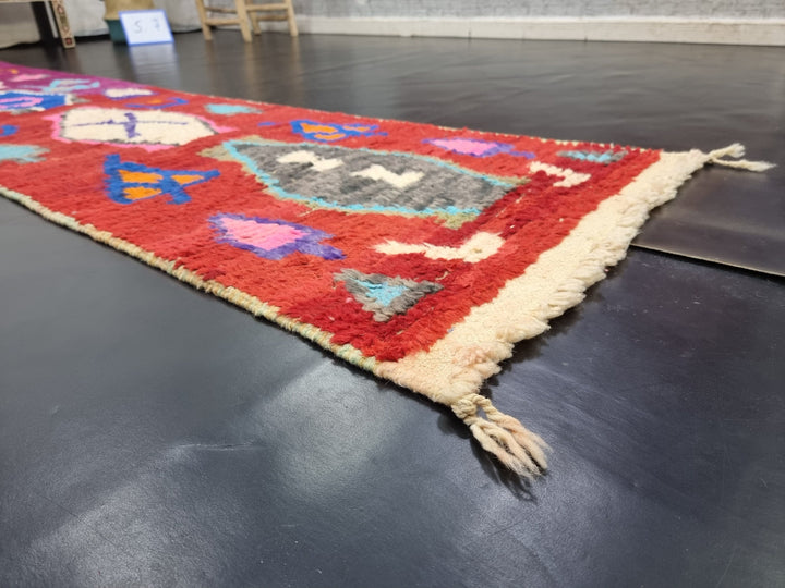 AUTHENTIC MOROCCAN RUG, Boujaad Runner Rug , Geometric Rug, Red  Purple Runner, Berber Symbols Rug, Handmade Rug, WinterOverdyed Rug