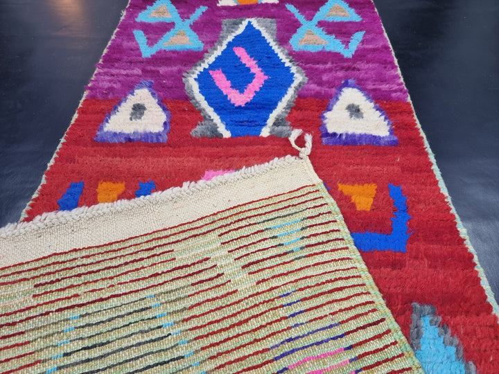 AUTHENTIC MOROCCAN RUG, Boujaad Runner Rug , Geometric Rug, Red  Purple Runner, Berber Symbols Rug, Handmade Rug, WinterOverdyed Rug