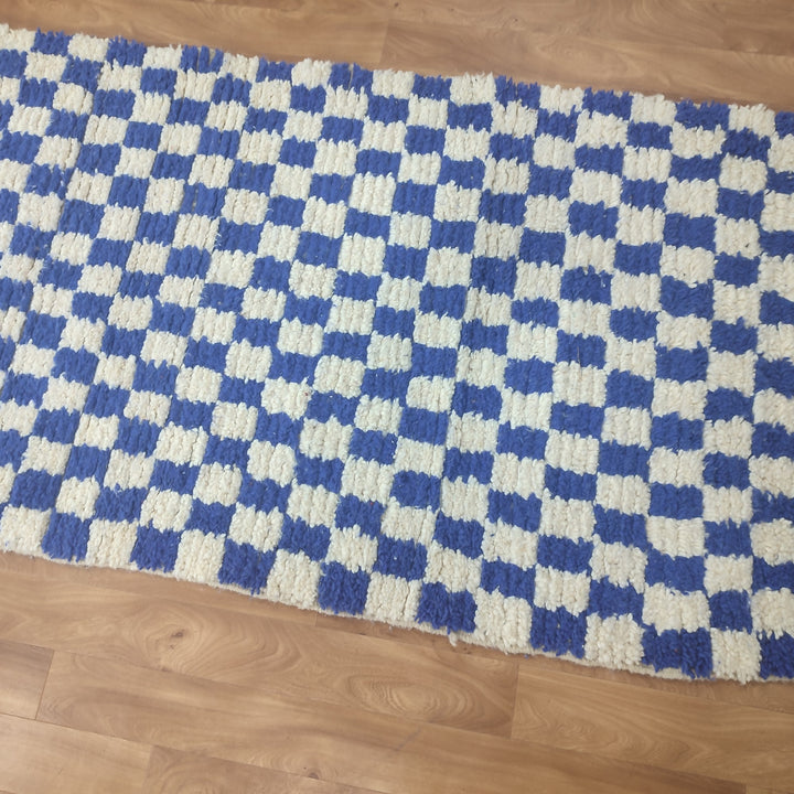   feet  moroccan berber shaggy rug, blue and white wool checkered rug, checkered rug, checkerboard rug, handmade checkered rug