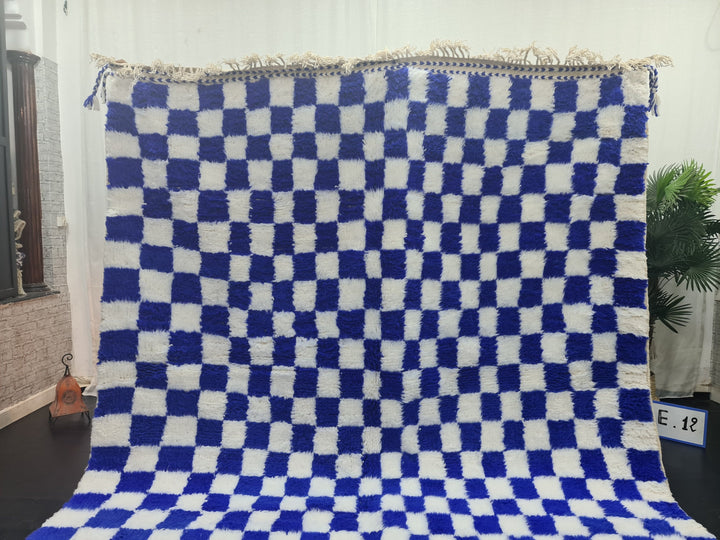 BEAUTIFUL MOROCCAN RUG , Handmade Beni Ourain Rug , Area Rug, Azilal Rug, Berber Rug, Checkered Rug, White And Royal Blue Rug, Winter Rug