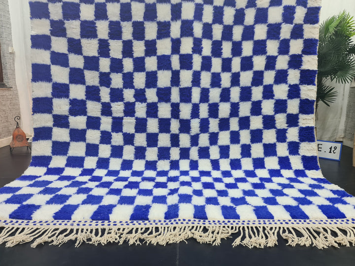 BEAUTIFUL MOROCCAN RUG , Handmade Beni Ourain Rug , Area Rug, Azilal Rug, Berber Rug, Checkered Rug, White And Royal Blue Rug, Winter Rug