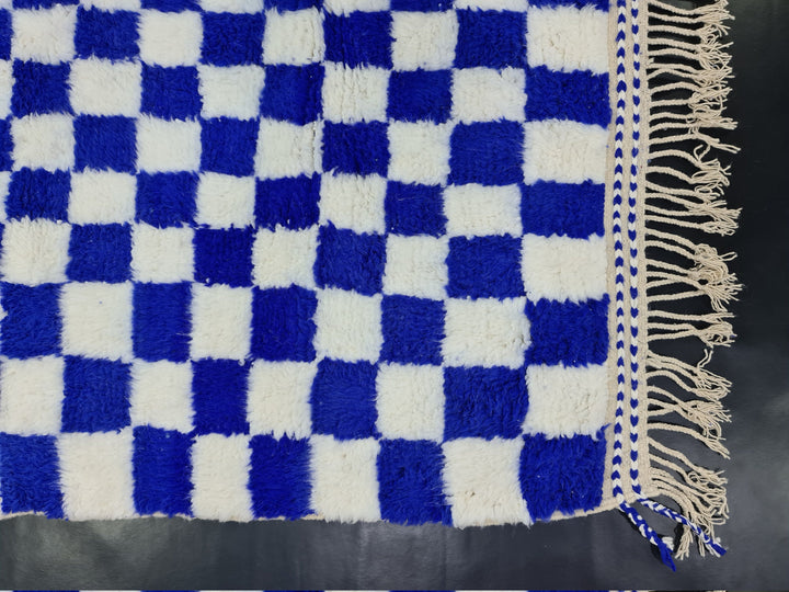 BEAUTIFUL MOROCCAN RUG , Handmade Beni Ourain Rug , Area Rug, Azilal Rug, Berber Rug, Checkered Rug, White And Royal Blue Rug, Winter Rug