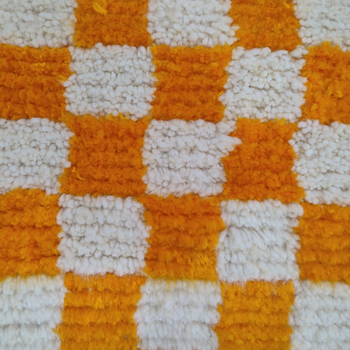 Large Diamond Orange and White Checkered Rug, Moroccan Handmade Rug, Authentic Checkered Rug, Tribal Beniourain Rug, Berber Sheep Wool Rug.