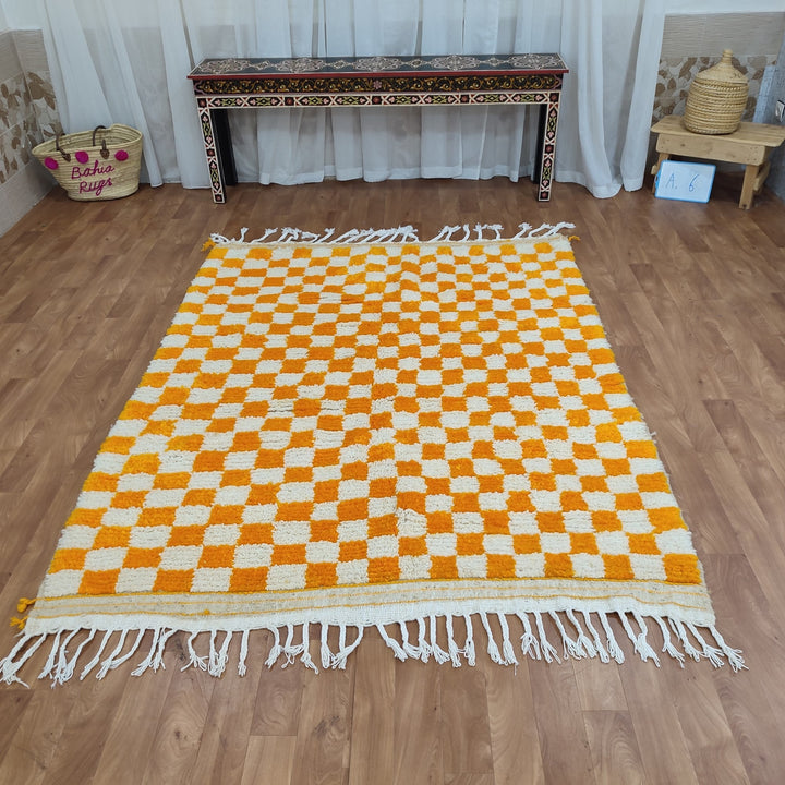 Large Diamond Orange and White Checkered Rug, Moroccan Handmade Rug, Authentic Checkered Rug, Tribal Beniourain Rug, Berber Sheep Wool Rug.