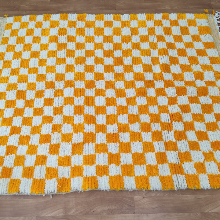 Large Diamond Orange and White Checkered Rug, Moroccan Handmade Rug, Authentic Checkered Rug, Tribal Beniourain Rug, Berber Sheep Wool Rug.