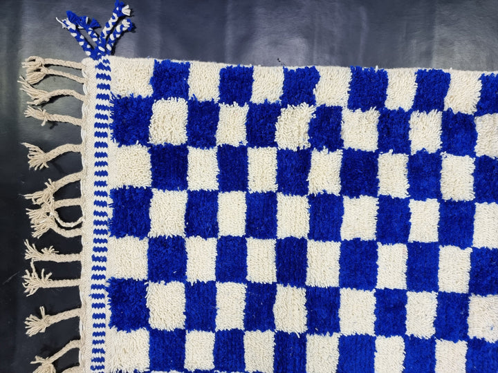 AMAZING BENIOURAIN RUG, Moroccan Rug , Sheep Wool Rug, Checkered Rug, Handwoven Rug, Sheep Wool Rug, Royal Blue Rug, Area Wool Rug