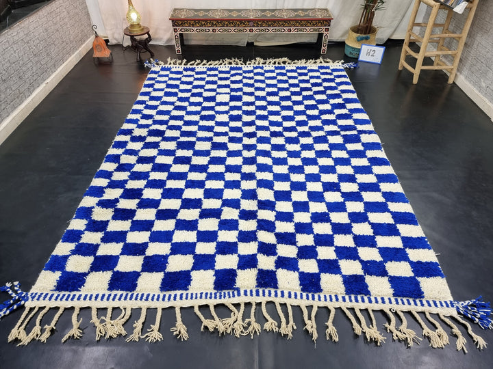 PRETTY BENIOURAIN RUG, Moroccan Rug, Sheep Wool Rug, Checkered Rug, Handwoven Rug, Sheep Wool Rug, Royal Blue Rug, Area Wool Rug, Winter Rug