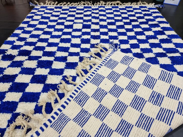 PRETTY BENIOURAIN RUG, Moroccan Rug, Sheep Wool Rug, Checkered Rug, Handwoven Rug, Sheep Wool Rug, Royal Blue Rug, Area Wool Rug, Winter Rug