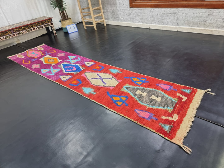 AUTHENTIC MOROCCAN RUG, Boujaad Runner Rug , Geometric Rug, Red  Purple Runner, Berber Symbols Rug, Handmade Rug, WinterOverdyed Rug