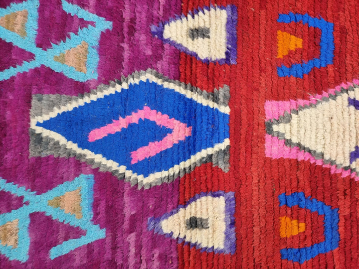 AUTHENTIC MOROCCAN RUG, Boujaad Runner Rug , Geometric Rug, Red  Purple Runner, Berber Symbols Rug, Handmade Rug, WinterOverdyed Rug