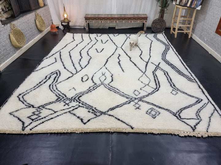 MOROCCAN WOOL RUG, Handmade White Rug, Beni Ourain Rug, Moroccan Area Rug, White And Black Rug, Tribal Abstract Rug, Handwoven Winter Rug