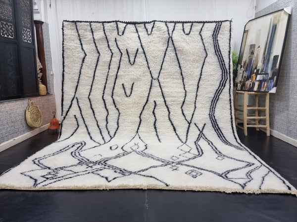 MOROCCAN WOOL RUG, Handmade White Rug, Beni Ourain Rug, Moroccan Area Rug, White And Black Rug, Tribal Abstract Rug, Handwoven Winter Rug