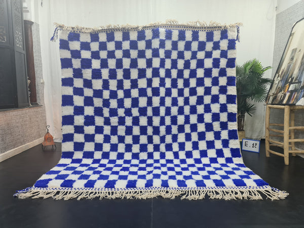 BEAUTIFUL MOROCCAN RUG , Handmade Beni Ourain Rug , Area Rug, Azilal Rug, Berber Rug, Checkered Rug, White And Royal Blue Rug, Winter Rug