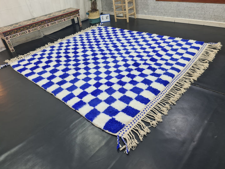 BEAUTIFUL MOROCCAN RUG , Handmade Beni Ourain Rug , Area Rug, Azilal Rug, Berber Rug, Checkered Rug, White And Royal Blue Rug, Winter Rug