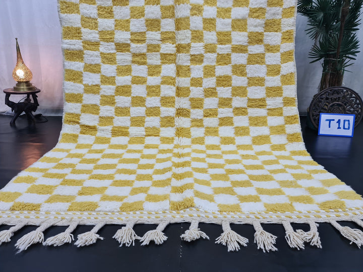 AMAZING BENIOURAIN RUG, Moroccan Rug , Yellow And White Rug, Tribal Rug, Berber Rug, Checkered Rug, Handwoven Rug, Winter Rug, Area Rug