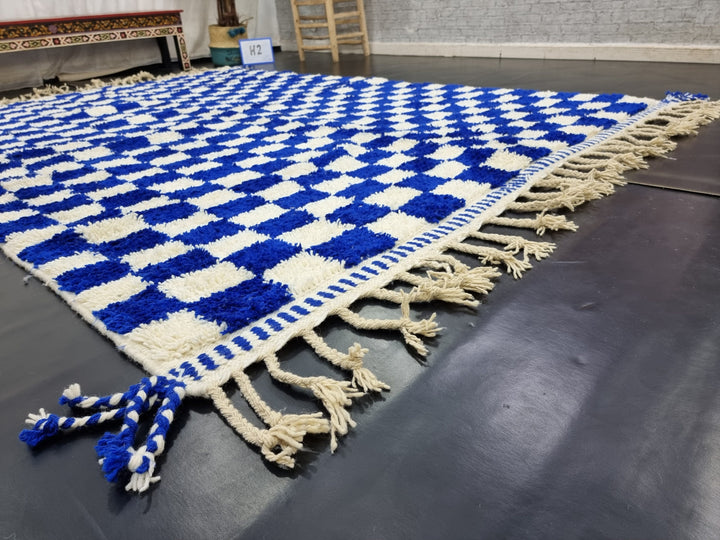 AMAZING BENIOURAIN RUG, Moroccan Rug , Sheep Wool Rug, Checkered Rug, Handwoven Rug, Sheep Wool Rug, Royal Blue Rug, Area Wool Rug