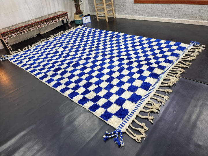 AMAZING BENIOURAIN RUG, Moroccan Rug , Sheep Wool Rug, Checkered Rug, Handwoven Rug, Sheep Wool Rug, Royal Blue Rug, Area Wool Rug