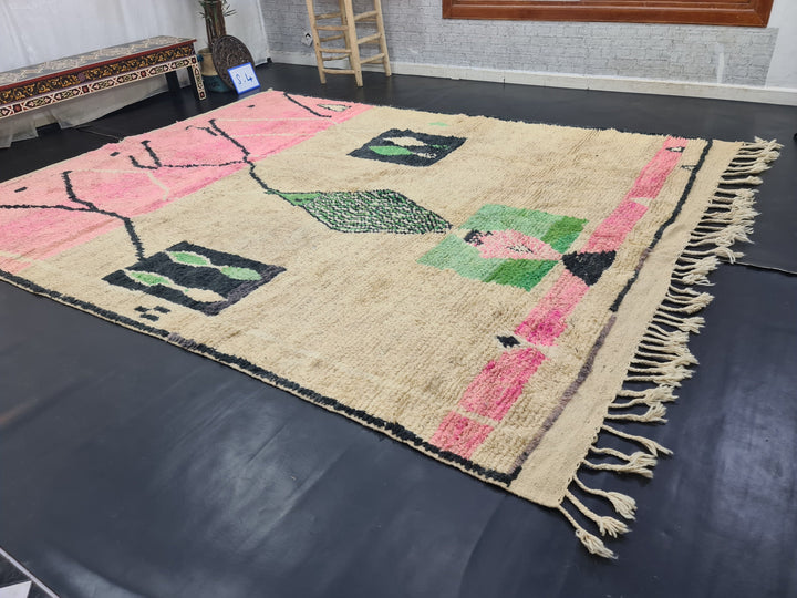 artistic boujad rug,  moroccan rug , berber rug, abstract wool rug, pink and green wool rug, handwoven rug, winter rug, area rug