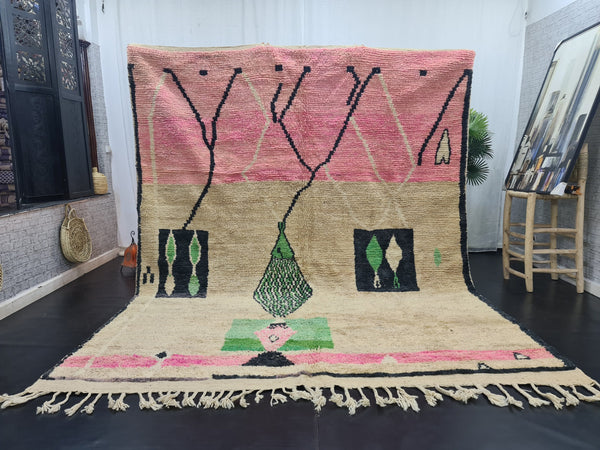 artistic boujad rug,  moroccan rug , berber rug, abstract wool rug, pink and green wool rug, handwoven rug, winter rug, area rug