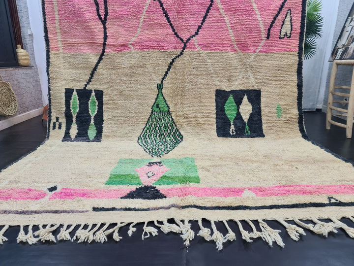 artistic boujad rug,  moroccan rug , berber rug, abstract wool rug, pink and green wool rug, handwoven rug, winter rug, area rug