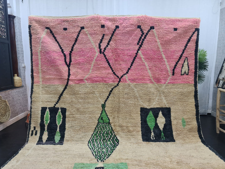 artistic boujad rug,  moroccan rug , berber rug, abstract wool rug, pink and green wool rug, handwoven rug, winter rug, area rug